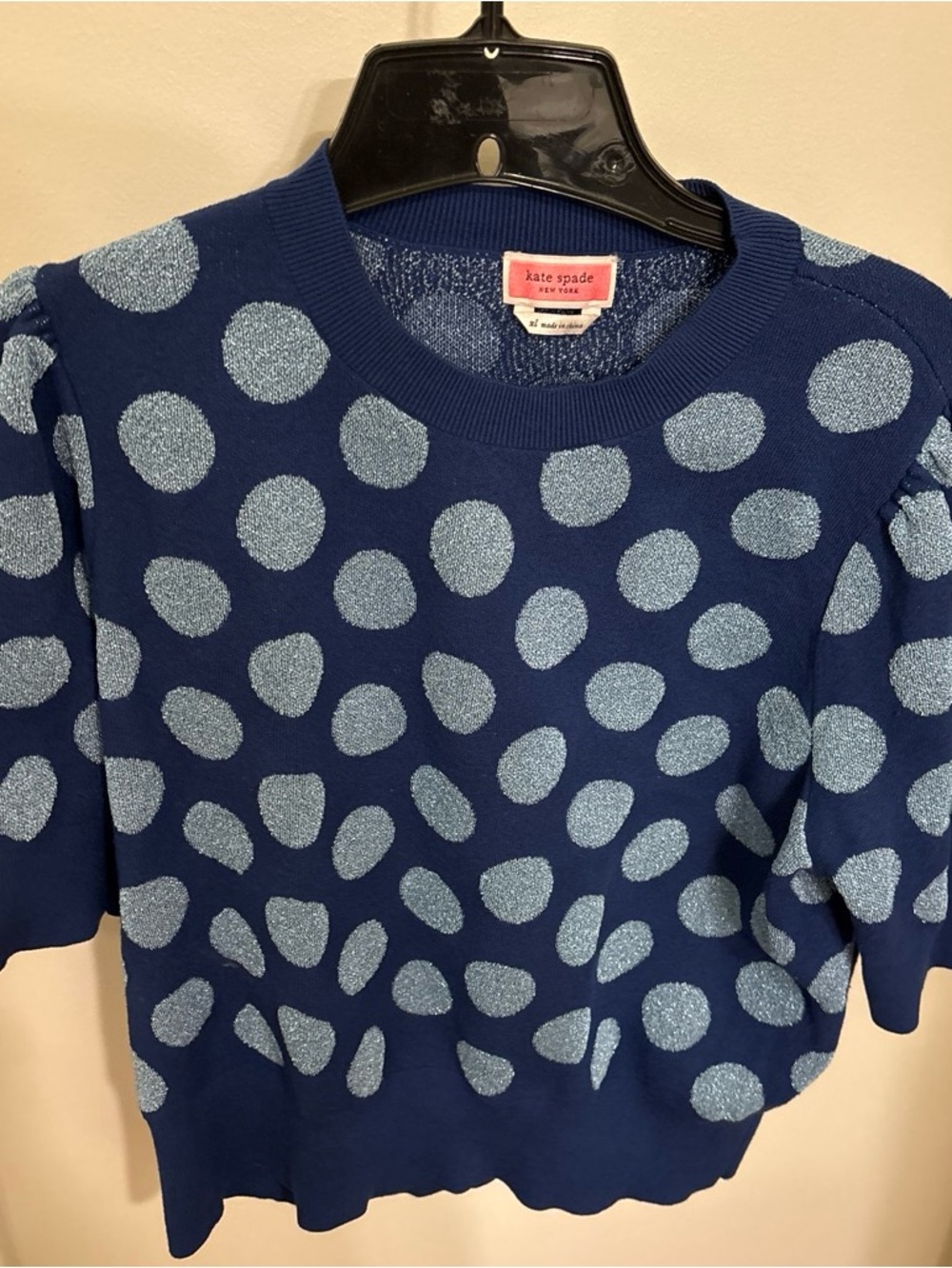 kate spade Navy Blue Crewneck Sweater with Light Blue Glitter Polka Dots